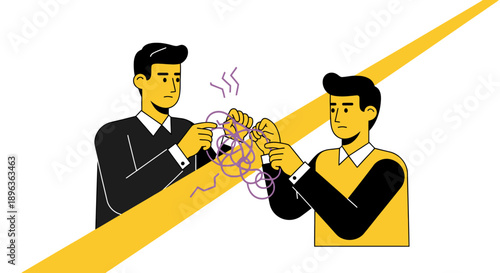 Solving Business Complexity: Two Men Struggling to Untangle a Difficult, Confused Knot or Tangled Problem. Modern Flat Design Vector Illustration.
