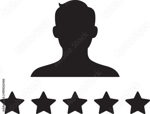 Black silhouette of a person s head with five star ratings below it
