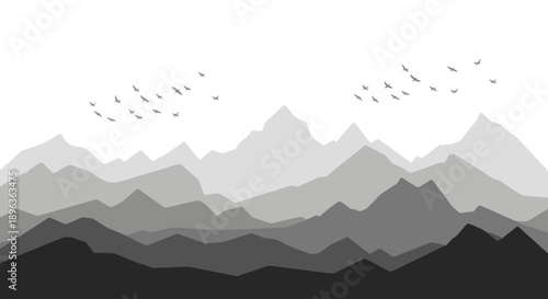 Monochromatic Mountain Range with Birds in Flight.
