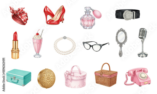 Vintage style female fashion and lifestyle watercolor set