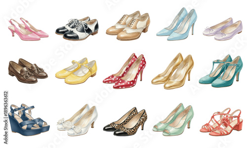 Collection of vintage female shoes watercolor illustration