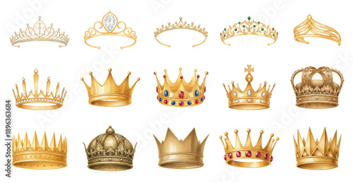 Watercolor set of royal gold crowns and diamond tiaras