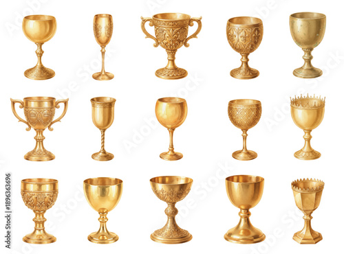 Watercolor set of gold royal chalices and medieval goblets
