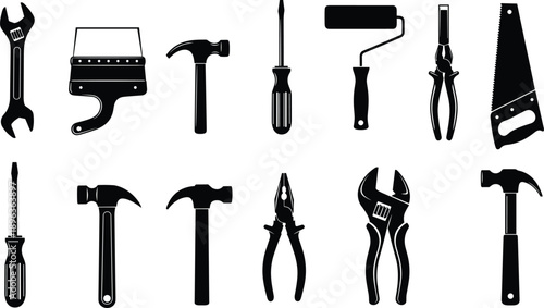 Hand tool silhouettes collection including hammer, wrench, screwdriver, pliers, saw, and paint roller isolated on white background for construction, repair, DIY, and workshop design concepts