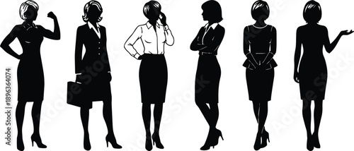 Silhouette vector flat design set of six professional business women in varied poses including flexing arm carrying briefcase using phone crossed arms clasped hands gesturing confident