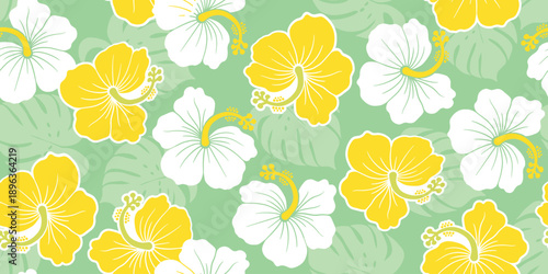 yellow hibiscus design pattern, leaf on green background. sweet hibiscus motif summer patterns for Hawaiian shirts. botanical motif, floral hibiscus. lovely beautiful pattern flowers, seamless print.