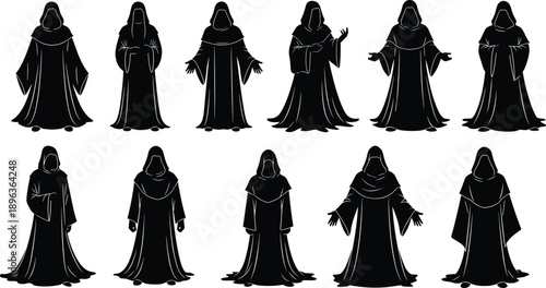 Hooded robed figure silhouettes in mystical standing poses isolated on white background for fantasy, occult, wizard, cult, and dark magic design concepts
