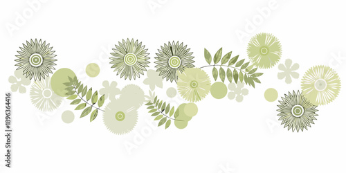 Delicate floral arrangement of green and beige blossoms with leafy sprigs