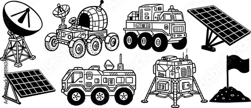 Black and white line art illustration of space exploration vehicles satellite dishes rover and lunar module with flag on moon surface