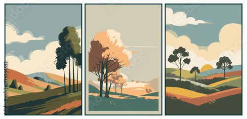 Muted vintage landscape triptych featuring rolling hills, autumn trees, and soft morning clouds