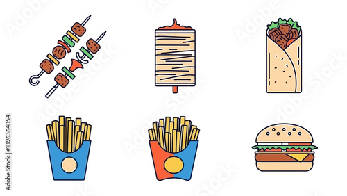 Assorted fast food illustrations including skewers, wraps, fries, and burgers arranged neatly on a clean white background from a straightforward viewpoint.