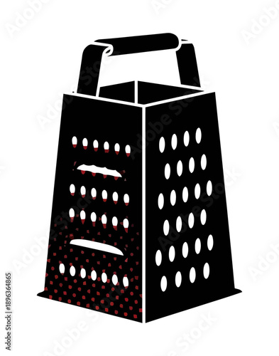 A black kitchen grater with a handle is standing upright on a white background, viewed from the front with red and white details.