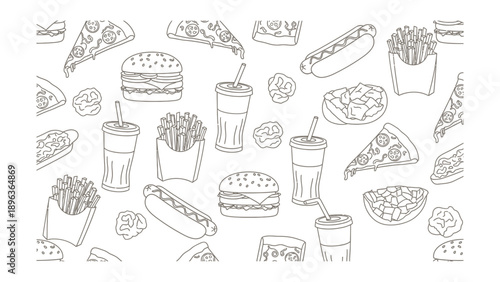Assorted fast food items including burgers, fries, pizza, and drinks are scattered around in a chaotic arrangement from a top view perspective.