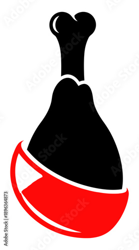 A black chicken leg silhouette with red accent viewed from the side, isolated on a simple background, graphic design element, close-up, vector illustration