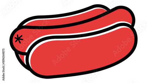 Illustration of a red hot dog with asterisk symbol on a transparent background viewed from the side in a simple graphic style