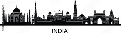 India skyline silhouette featuring iconic landmarks and monuments isolated on white background for travel, tourism, architecture, culture, and country identity design concepts