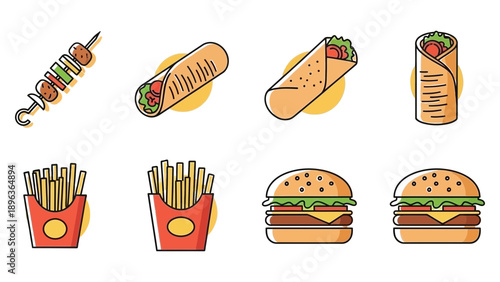 Assorted fast food illustrations including skewers, wraps, fries, and burgers displayed from a straightforward viewpoint.