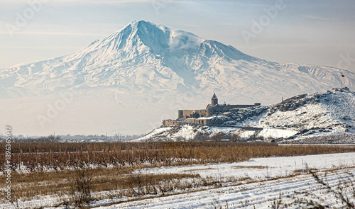 Tableau sur toile Ararat mountain with monastery in Armenia during winter