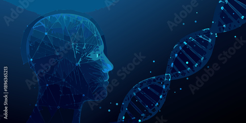 A digital human head profile combined with a glowing dna helix structure
