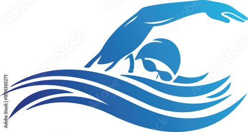 Stylized blue swimmer with abstract waves, representing swimming, sports, and aquatic activities, dynamic and fluid motion