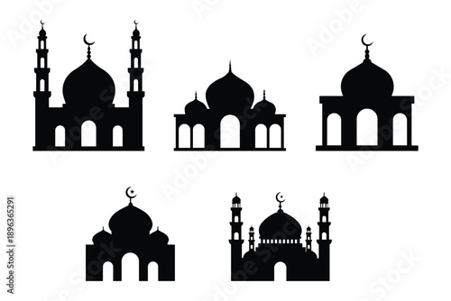 Set of Islamic mosque silhouettes featuring domes and minarets. Black vector illustrations with clean shapes. Ideal for Islamic events, Ramadan, Eid, religious banners, posters, and creative projects 