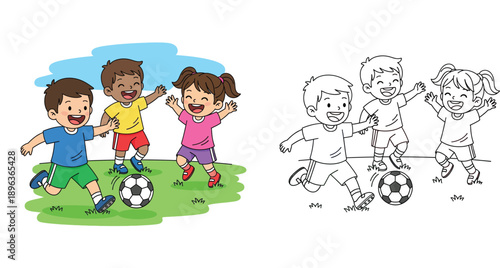 Vector illustration of happy cartoon kids playing soccer football with black and white outline for coloring book page; cute children running and kicking ball sport activity.