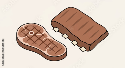 Grilled steak and pork ribs illustration.