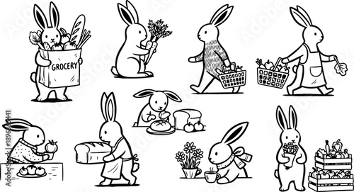 Black and white line art rabbits carrying groceries and bread baking with flowers and baskets in cute lifestyle scenes