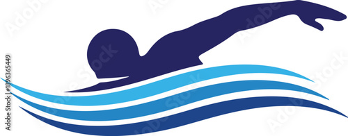 Swimmer in blue water with stylized waves representing aquatic sports and healthy active lifestyle vector illustration