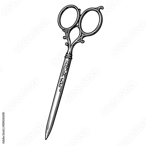 A vintage barber scissors illustration in elegant engraved style. Concept of grooming tools and hairstyling tradition - barber equipment - vintage care