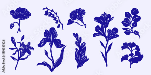 Hand drawn floral silhouette collection in blue color.  Simple sketch doodle vector illustration.