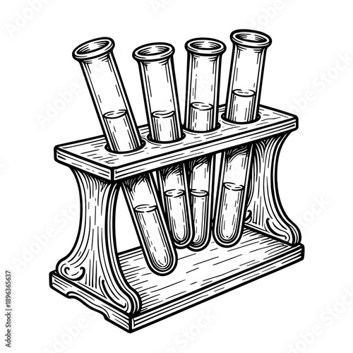 A vintage test tube holder with multiple glass tubes in engraved scientific style. Concept of laboratory research and chemistry tools - science experiment - old-fashioned lab