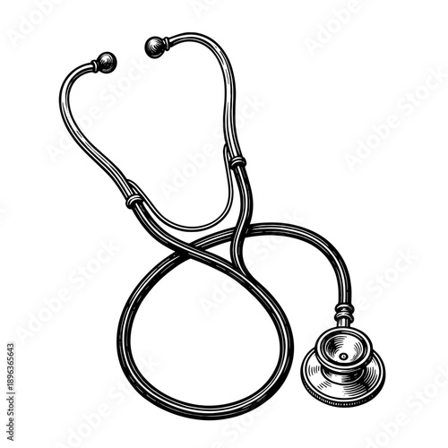 A vintage-style stethoscope illustration in detailed engraved drawing. Concept of medical diagnostics and doctor tools - healthcare equipment - medicine
