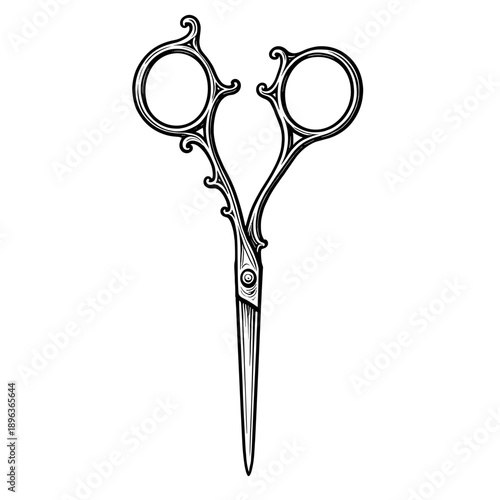A decorative vintage hairdressing scissors illustration with ornate handle in engraved style. Concept of hairstyling craft and elegance - barber art - beauty tools