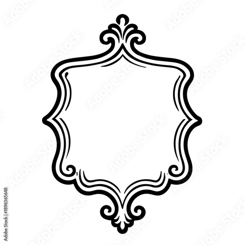 A decorative vintage frame in elegant symmetrical design in engraved style. Concept of label signage or ornate border - artistic decoration - graphic design element