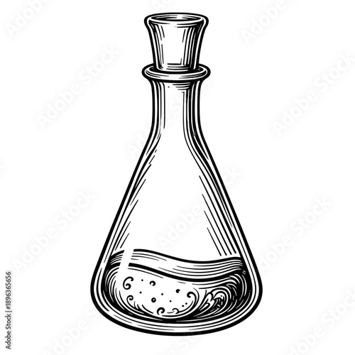 A handdrawn flask with liquid content in vintage engraved style. Concept of chemistry and scientific experiments - laboratory tool - alchemy and science