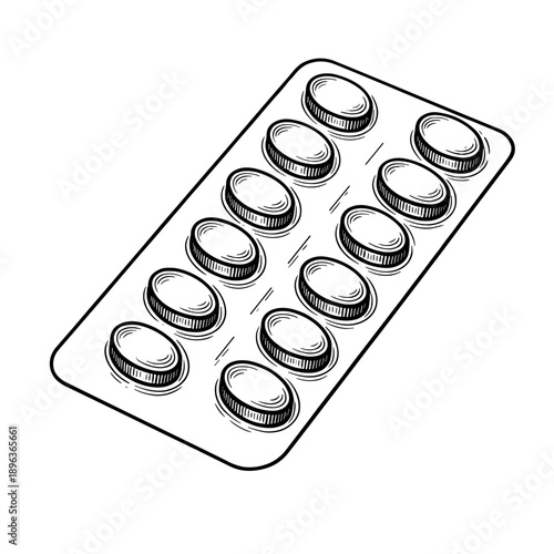 A blister pack of tablets illustrated in detailed vintage engraved medical style. Concept of pharmaceutical treatment and medication packaging for healthcare visuals