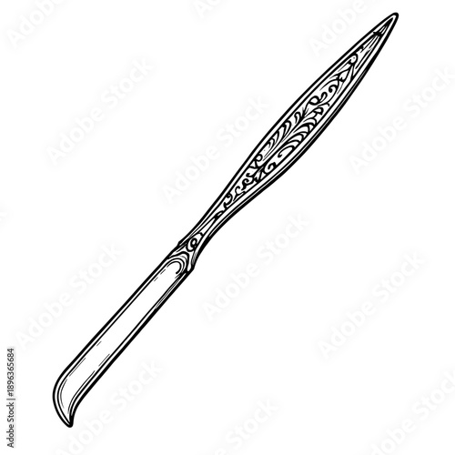 A surgical scalpel illustrated in detailed vintage engraved medical style. Concept of surgery instrument and clinical precision for healthcare education