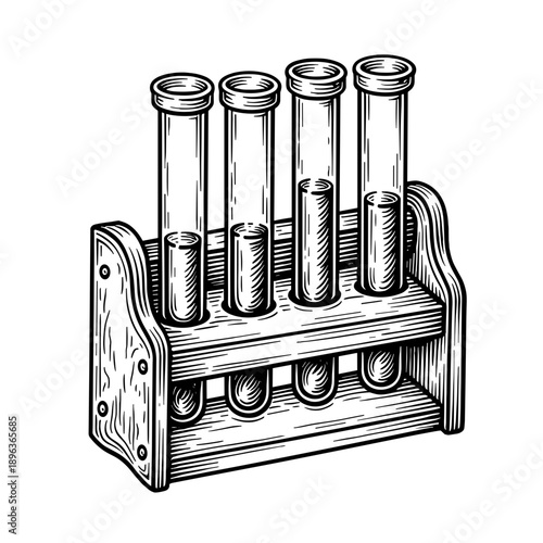A set of vintage test tubes in wooden rack illustrated in engraved style. Concept of chemical experiment and science education for laboratory visuals