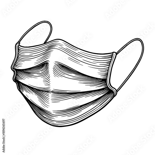 A protective medical face mask illustrated in vintage engraved healthcare style. Concept of hygiene safety and medical protection for public health visuals