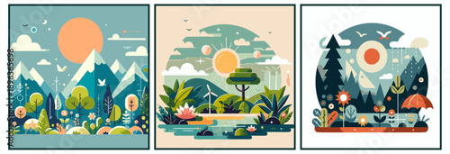 Modern geometric landscape triptych featuring snowy mountains, lush gardens, and a starry night forest.