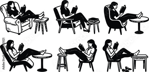 Ink style reclining woman reading a book with feet on table six chair poses side view black and white cozy relaxed home living room armchair illustrations