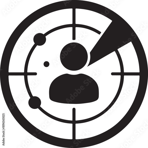 Radar screen icon with user profile signal, solid silhouette, symbolizing talent assessment