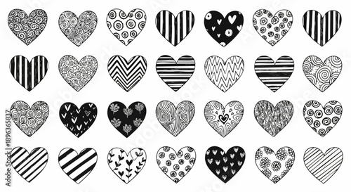 Vector black and white doodle hearts set with various patterns: stripes, dots, swirls, zigzags. Hand drawn romantic love symbols for design. isolated on White Background