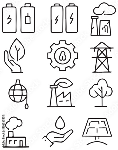 Hand drawn eco energy and industry line icon set in black and white. Ideal for green technology, environmental projects, and sustainable power design. Vector EPS 10 format for easy scaling.