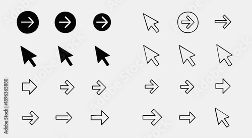Vector set of black and outline arrow icons and mouse cursors for UI, web design, app, and presentation elements isolated on White Background