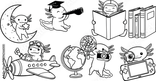 Black and white line art axolotl characters reading playing with globe camera game console moon star telescope graduate cap