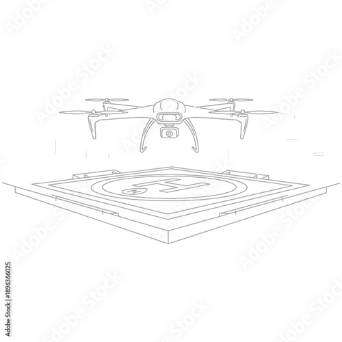 Drone flying over a helipad with a camera attached illustrating aerial technology and surveillance