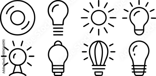 Collection of White Light Bulb Icons Representing Ideas, Innovation, and Energy in Various Styles Including Hot Air Balloon Shape and Keyhole Base