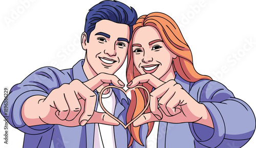 Romantic couple making heart symbol with fingers vector illustration